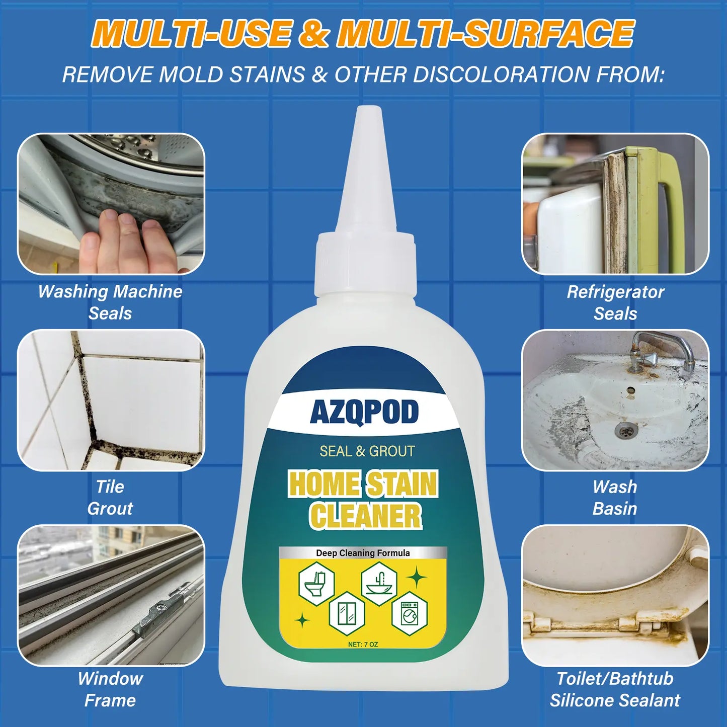 AZQPOD & BUBCLEAN Mold Remover Gel with Scrub Brush – Heavy Duty Mildew Stain Cleaner for Washer Gasket, Shower Caulk, Tile Grout & Bathroom – 7 Fl Oz Household