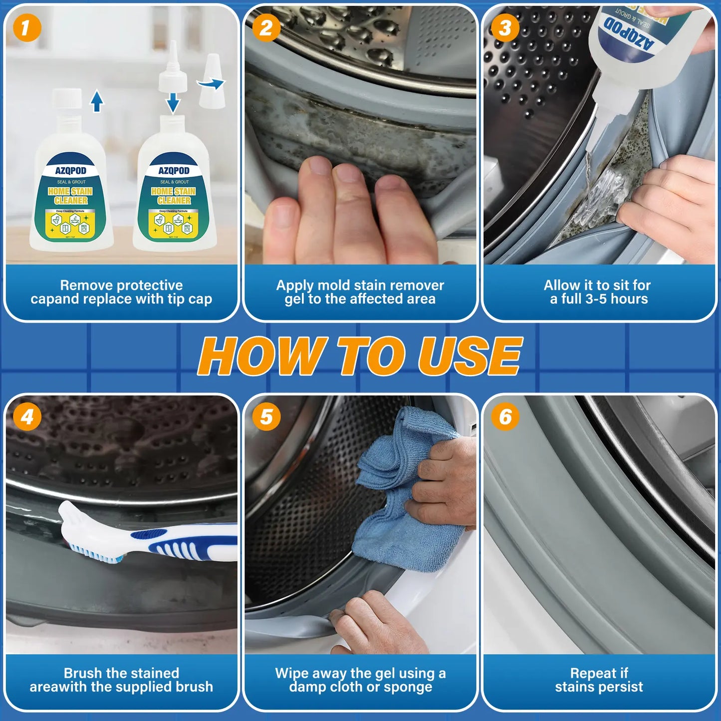 AZQPOD & BUBCLEAN Mold Remover Gel with Scrub Brush – Heavy Duty Mildew Stain Cleaner for Washer Gasket, Shower Caulk, Tile Grout & Bathroom – 7 Fl Oz Household