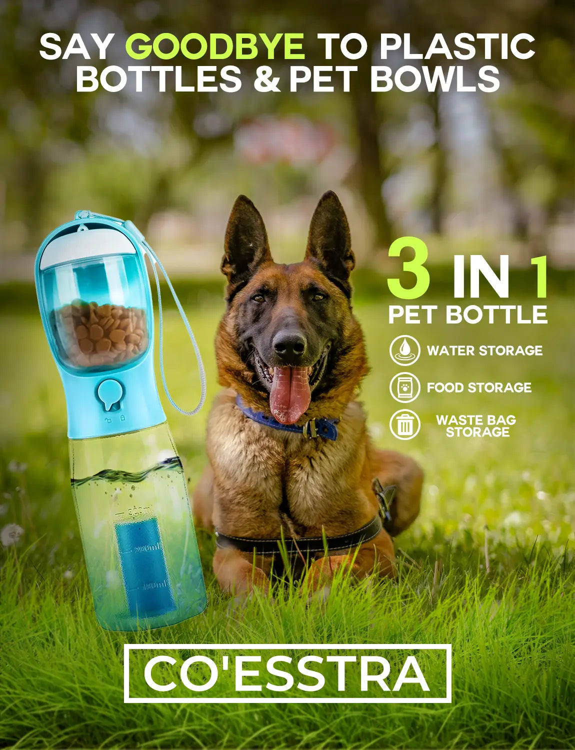 3-in-1 All-in-One Pet Travel Bottle | Water, Food Storage & Poop Bag Holder