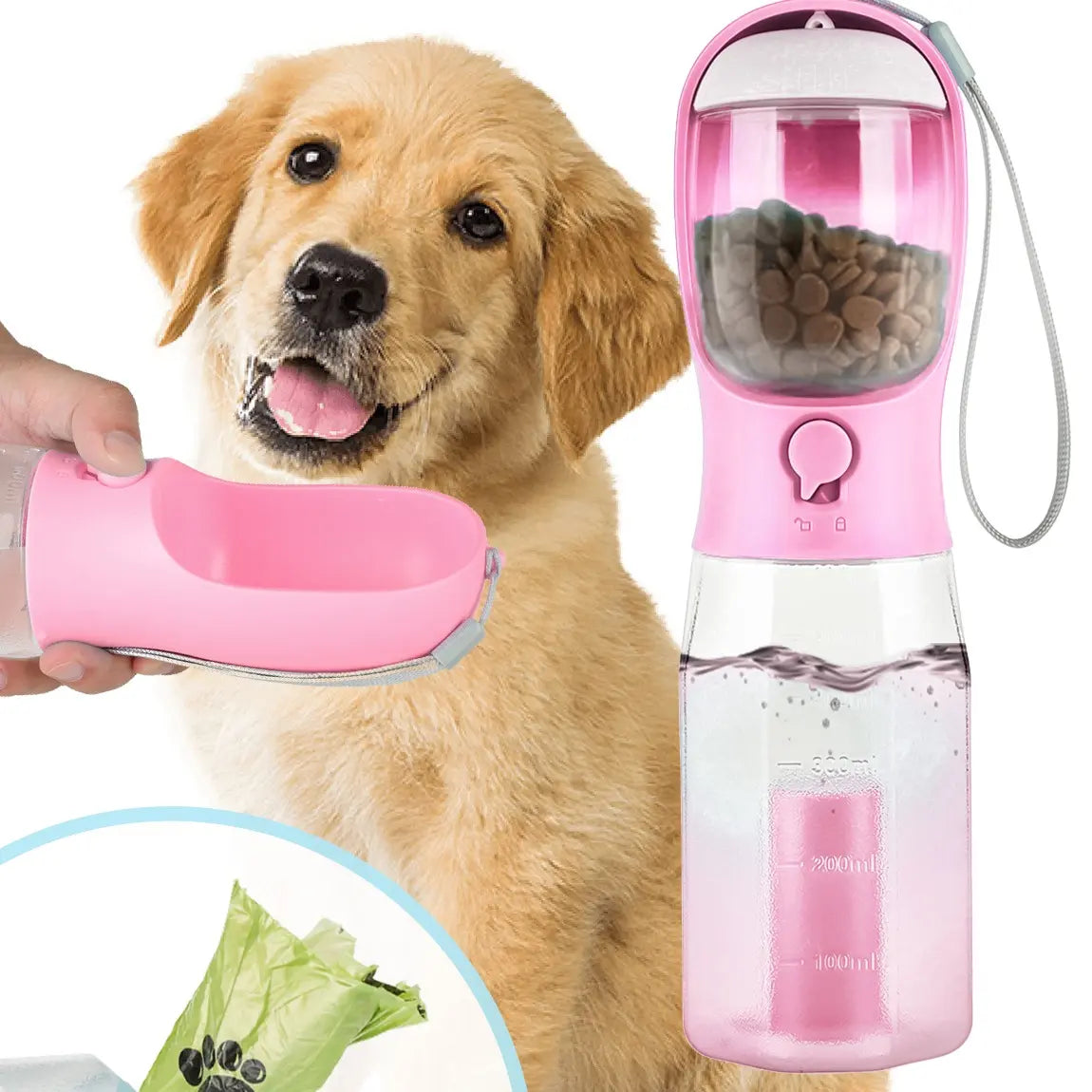 3-in-1 All-in-One Pet Travel Bottle | Water, Food Storage & Poop Bag Holder